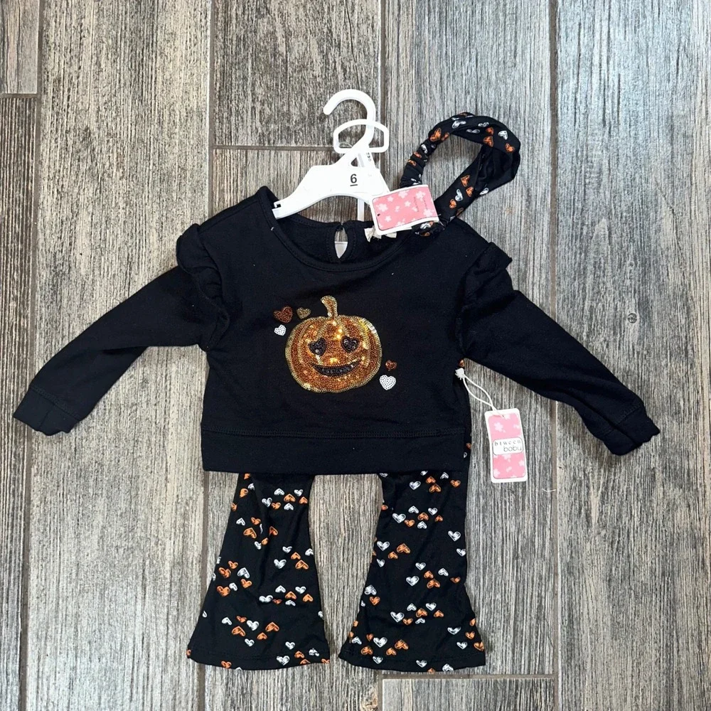 Halloween Baby Girl Outfit‎ 18 Months Sequin Pumpkin Hearts Top Bell Bottoms